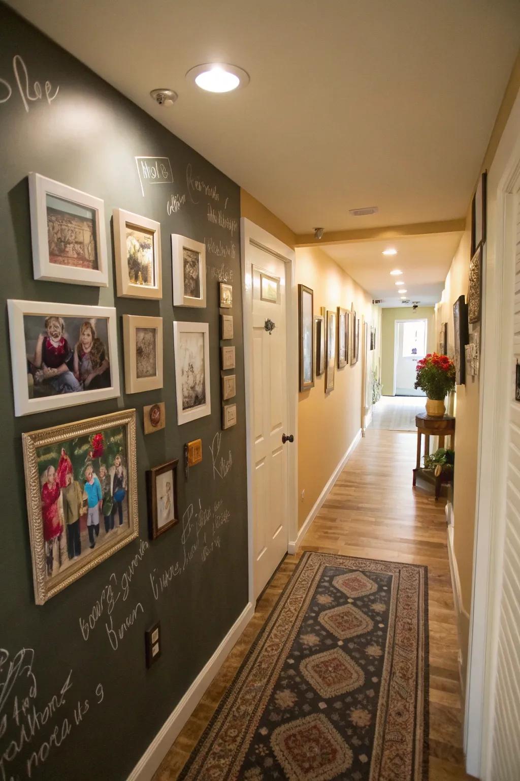 A chalk paint wall turns hallways into personalized galleries.