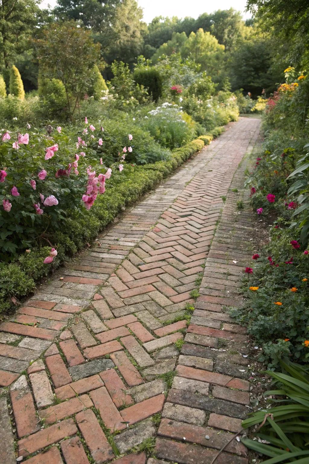 Reclaimed bricks laid in herringbone add vintage charm to paths.