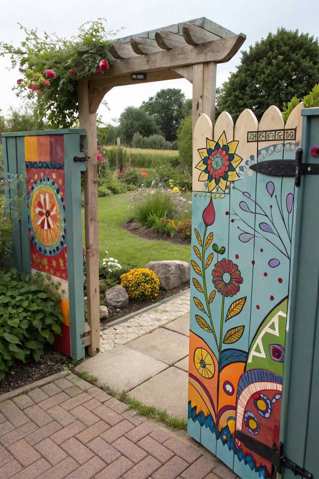 A vibrant painted plywood garden gate, transforming the entrance into an outdoor art piece.