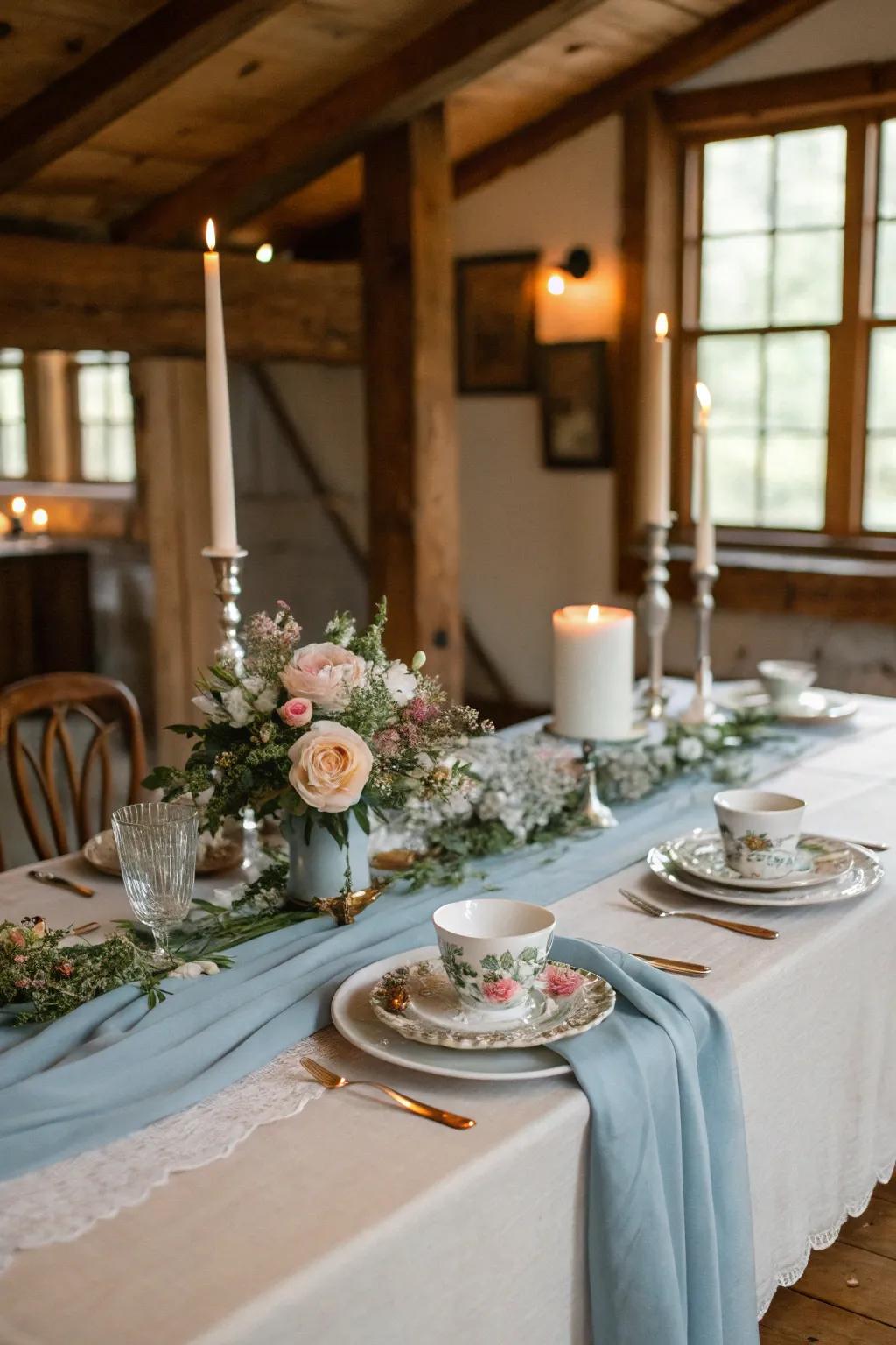 Cottage charm with a soft blue cheesecloth runner.