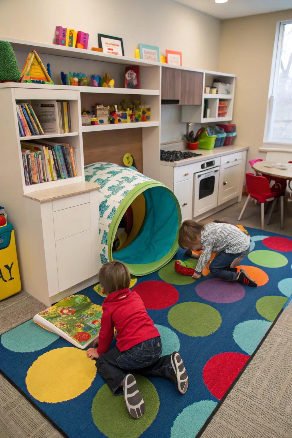 A children's room carpet featuring a built-in play area design, perfect for imaginative play.