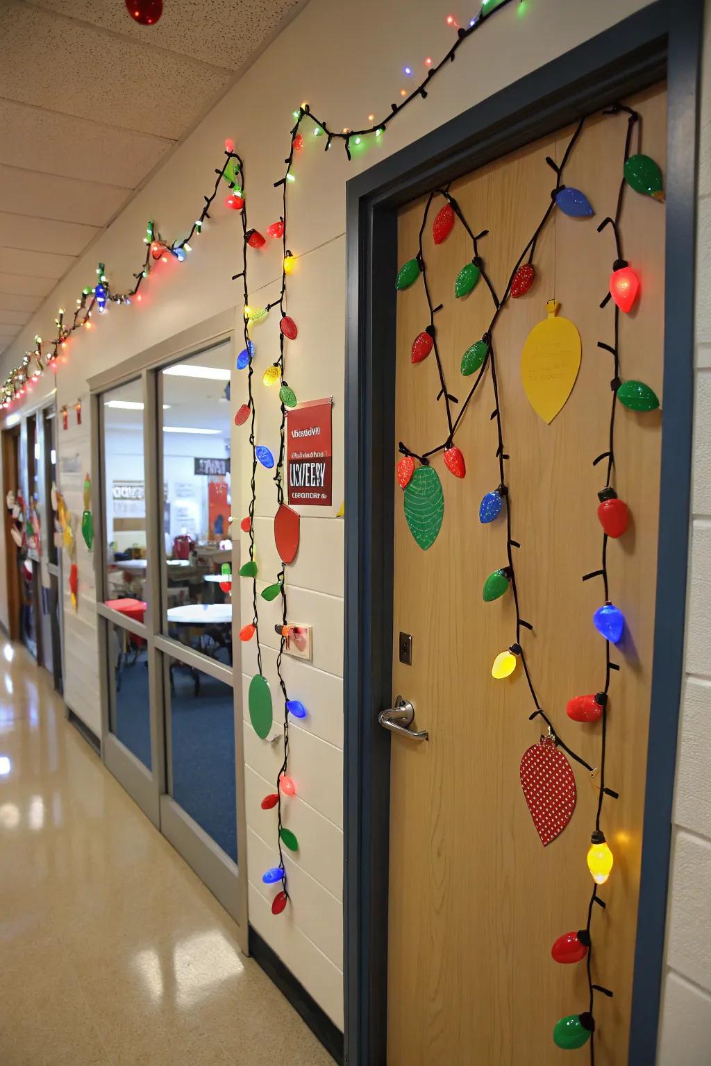 A Christmas Light Spectacular brightens the classroom entrance.