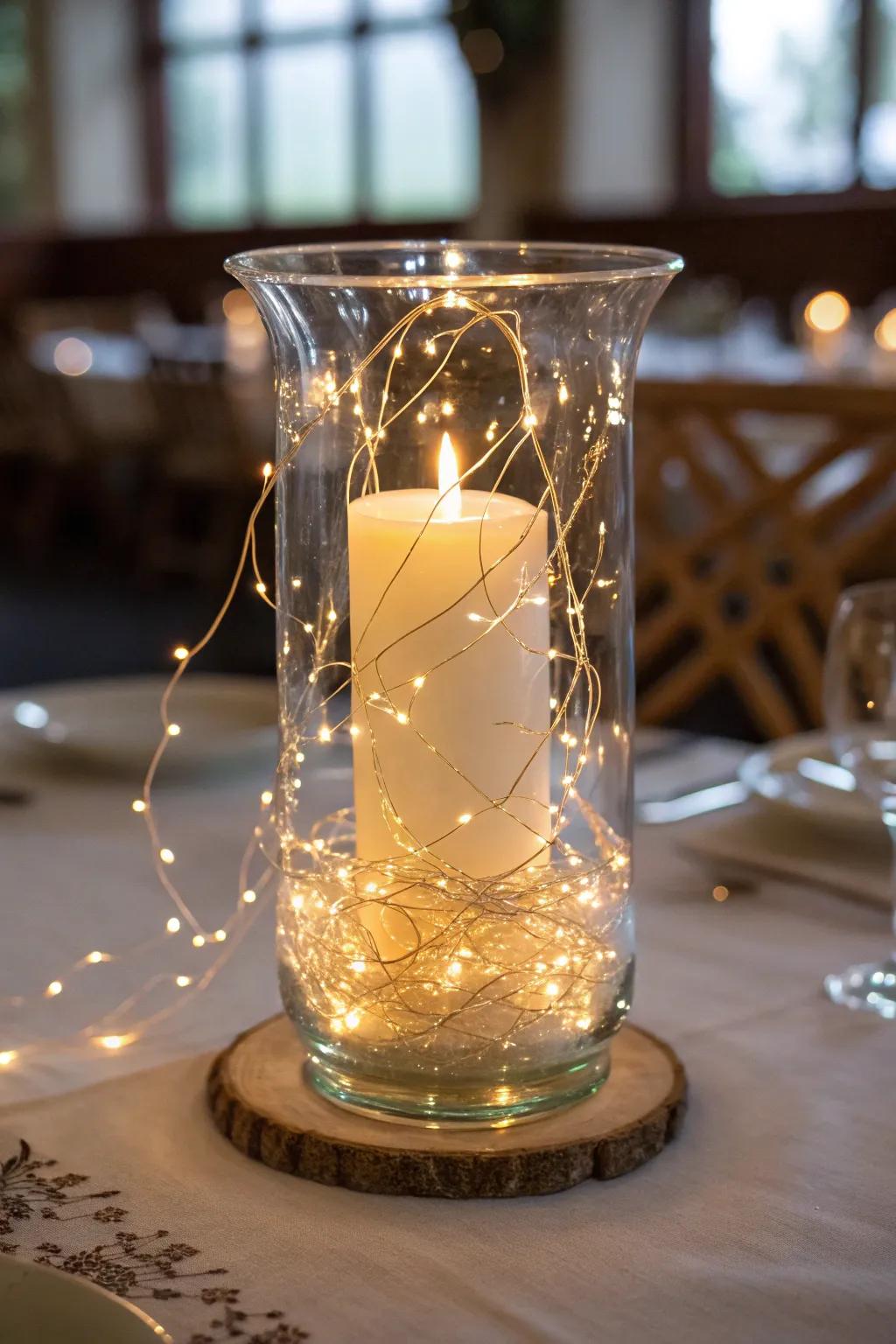 Enhance your hurricane centerpiece with twinkling fairy lights.