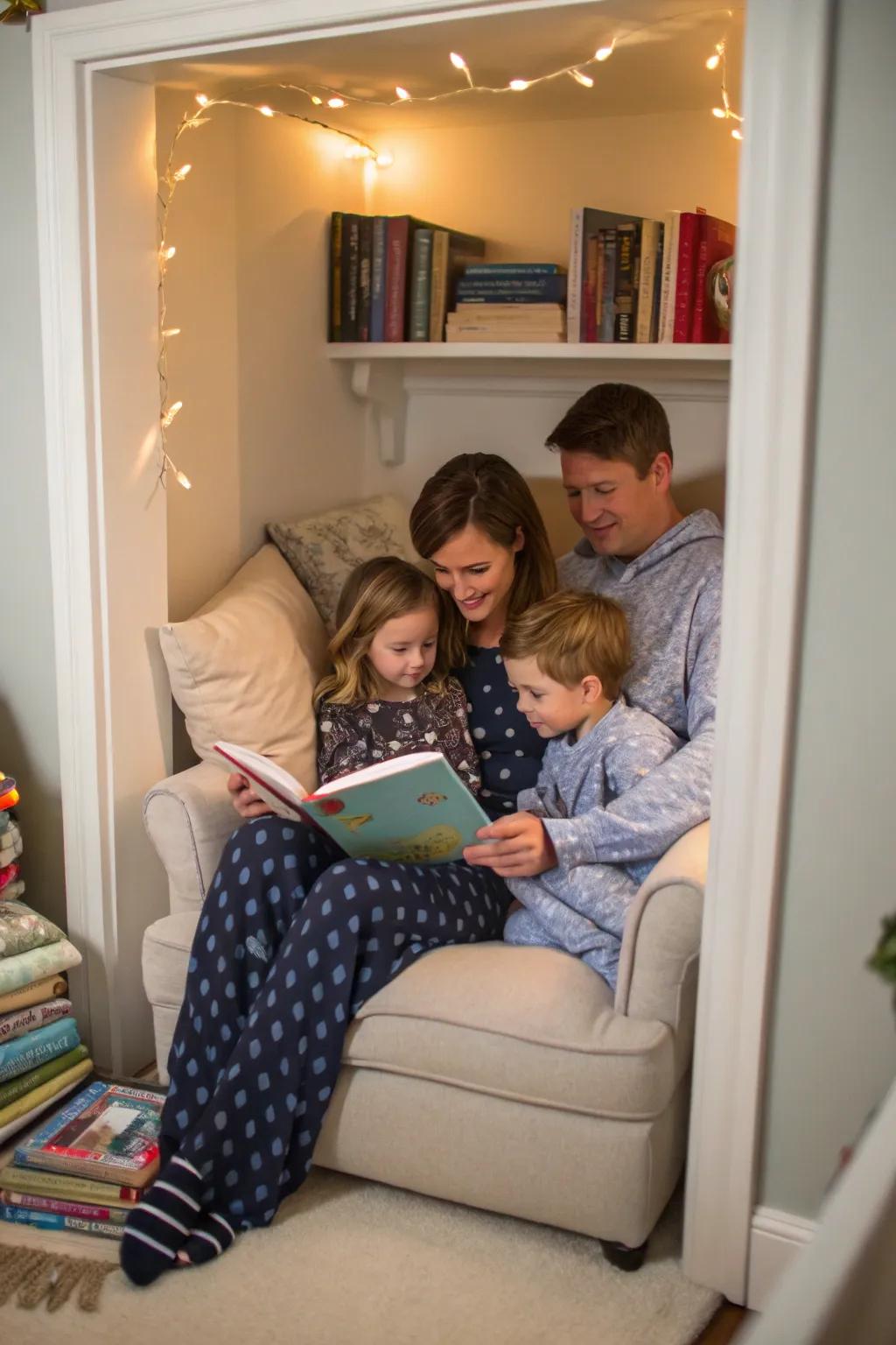 Peaceful moments captured in a cozy book nook with family and festive pajamas.