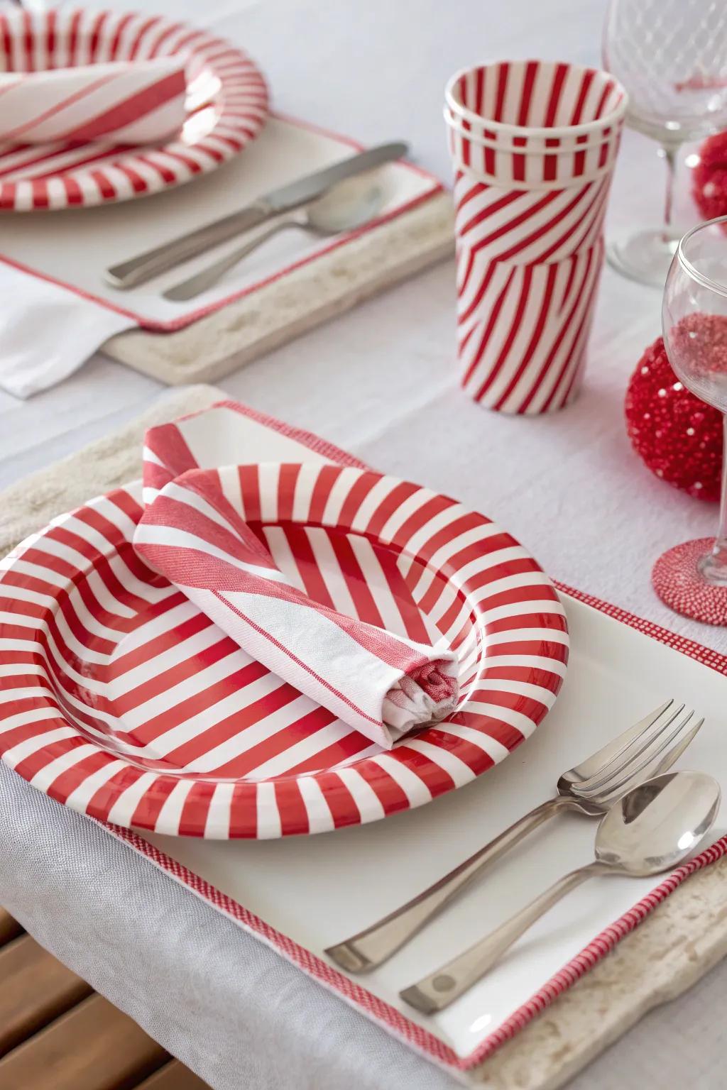 A fun and festive table setting with candy cane stripes.