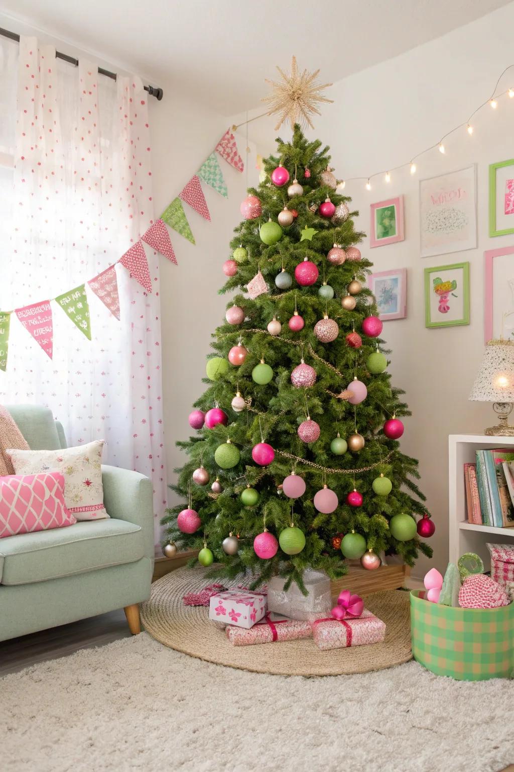 Add whimsy with playful pink and green Christmas decorations.