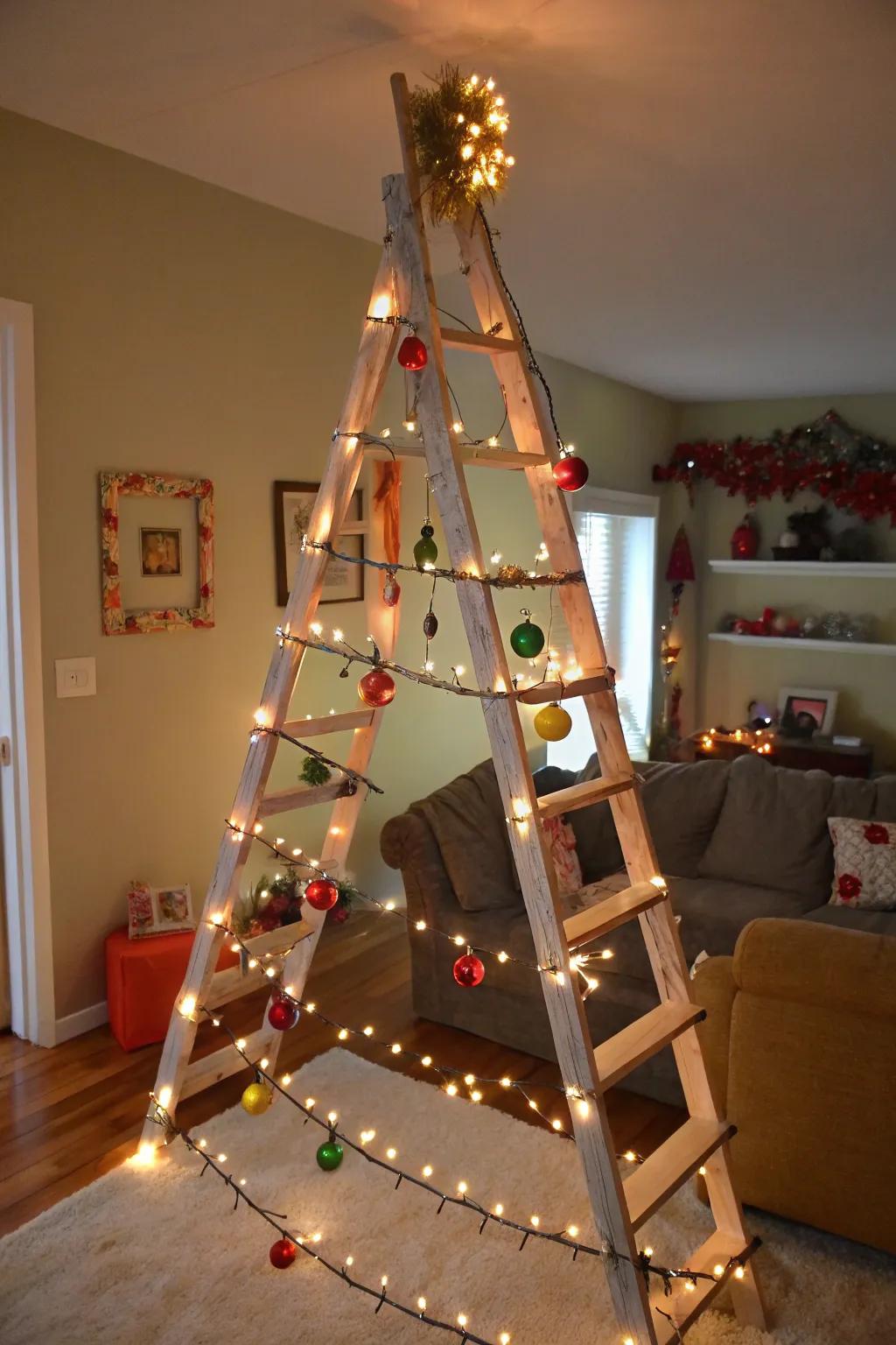 An upcycled ladder tree makes a unique and eye-catching holiday centerpiece.