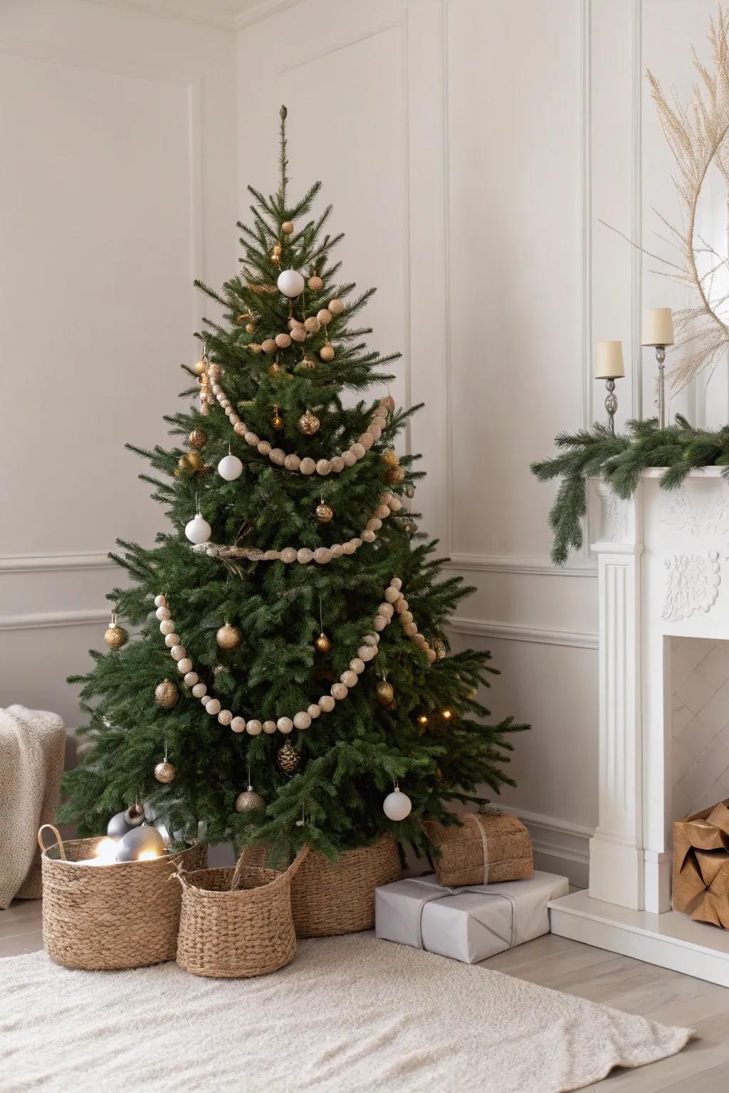 A subtle Christmas tree with neutral-toned garlands