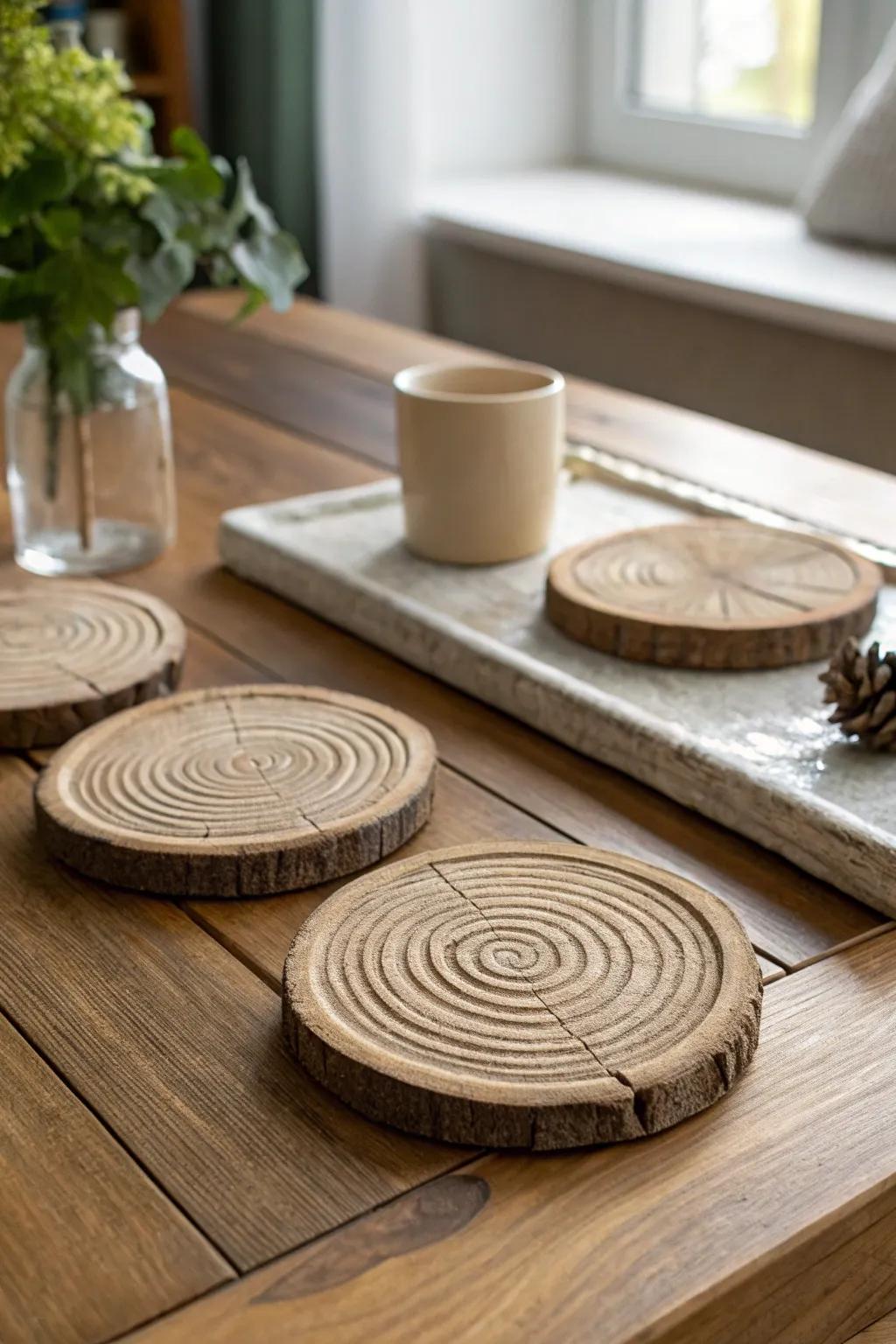 Rustic wood-look coasters bring a natural touch to any decor.