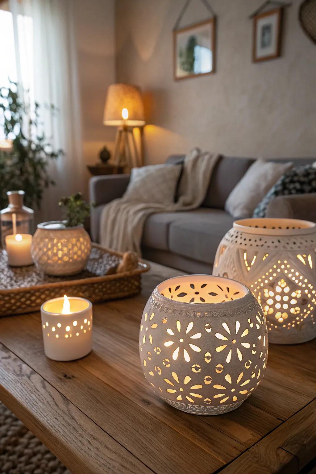 Create a cozy atmosphere with charming clay tea light holders.