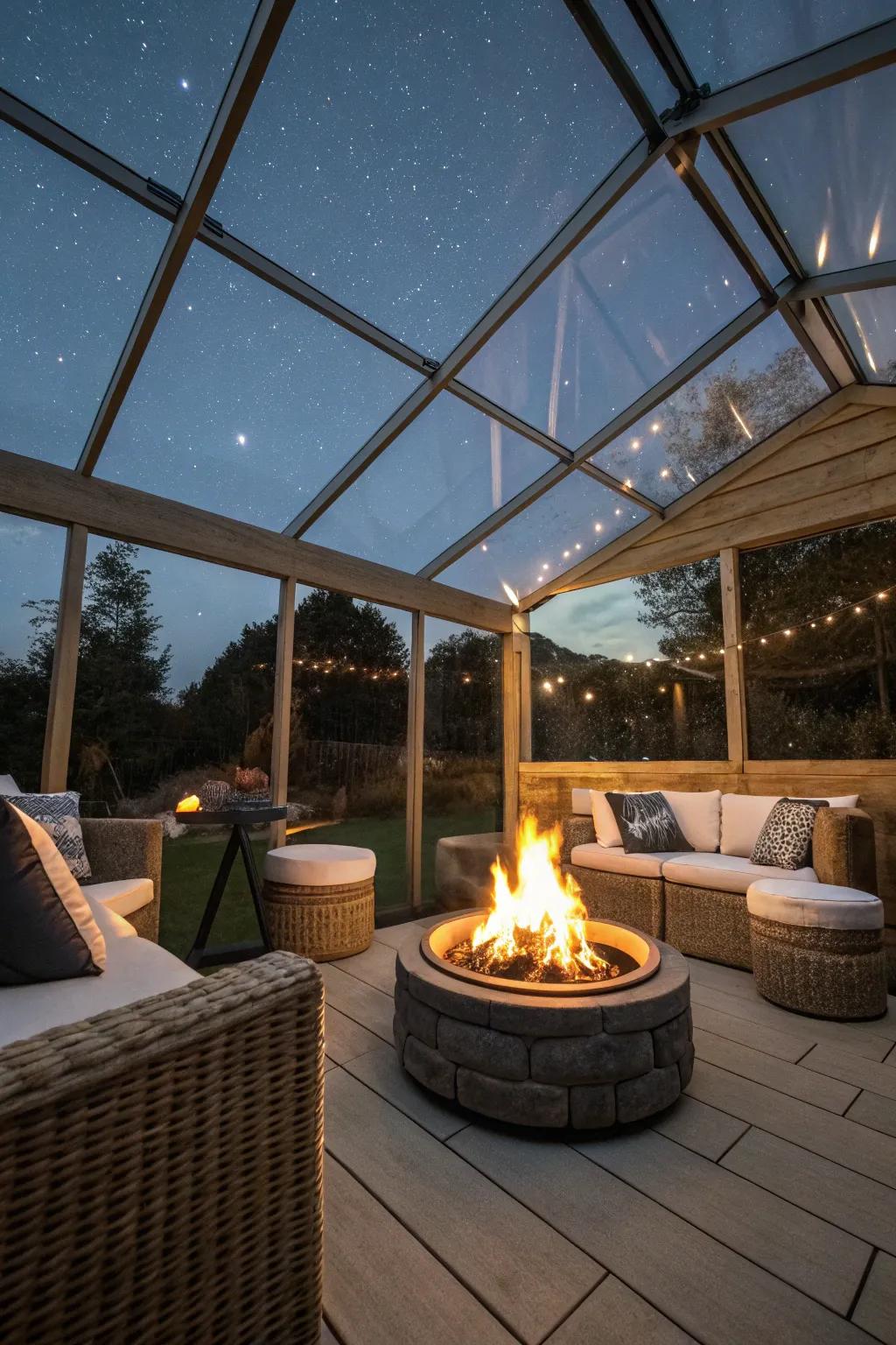 Transform your deck into a cozy retreat with a modern fire pit under the stars.