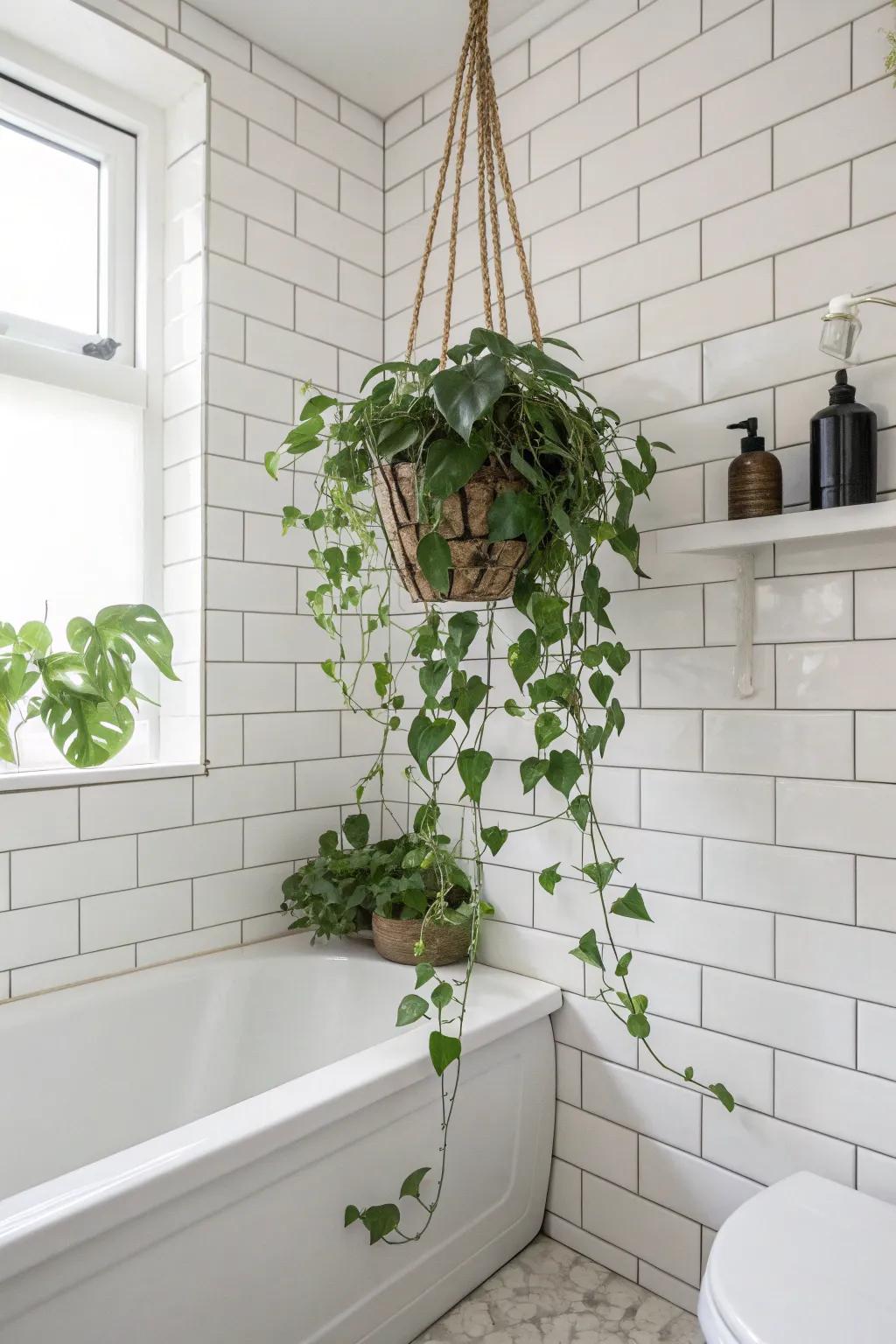 Greenery beautifully breaks up bathroom tiles.