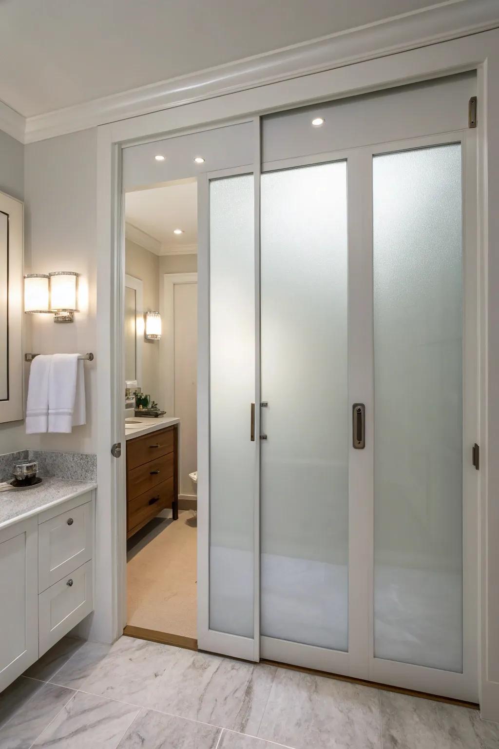 Frosted glass panels offer privacy with a modern edge.