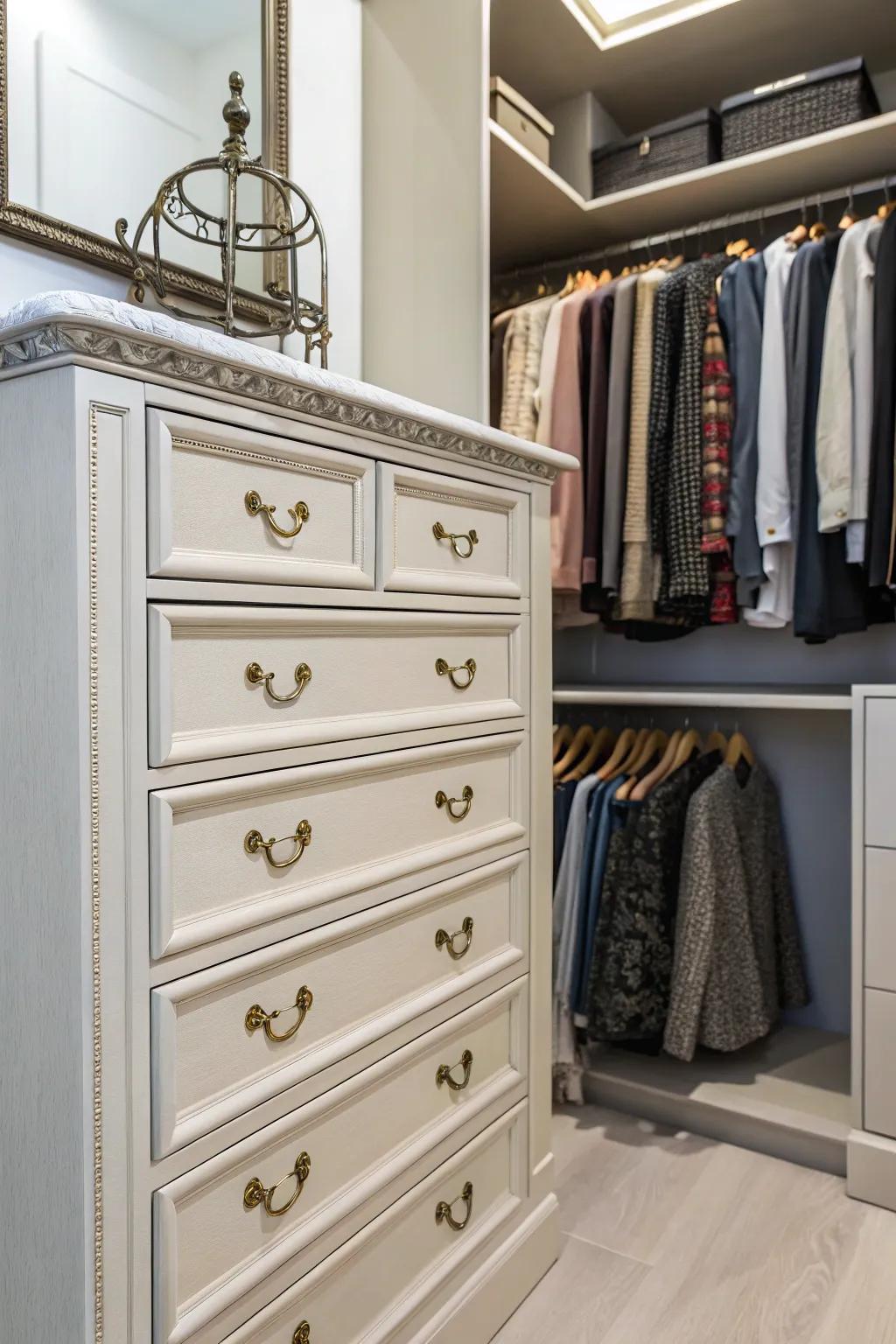 Vintage handle accents on a dresser, bringing elegance to a closet.