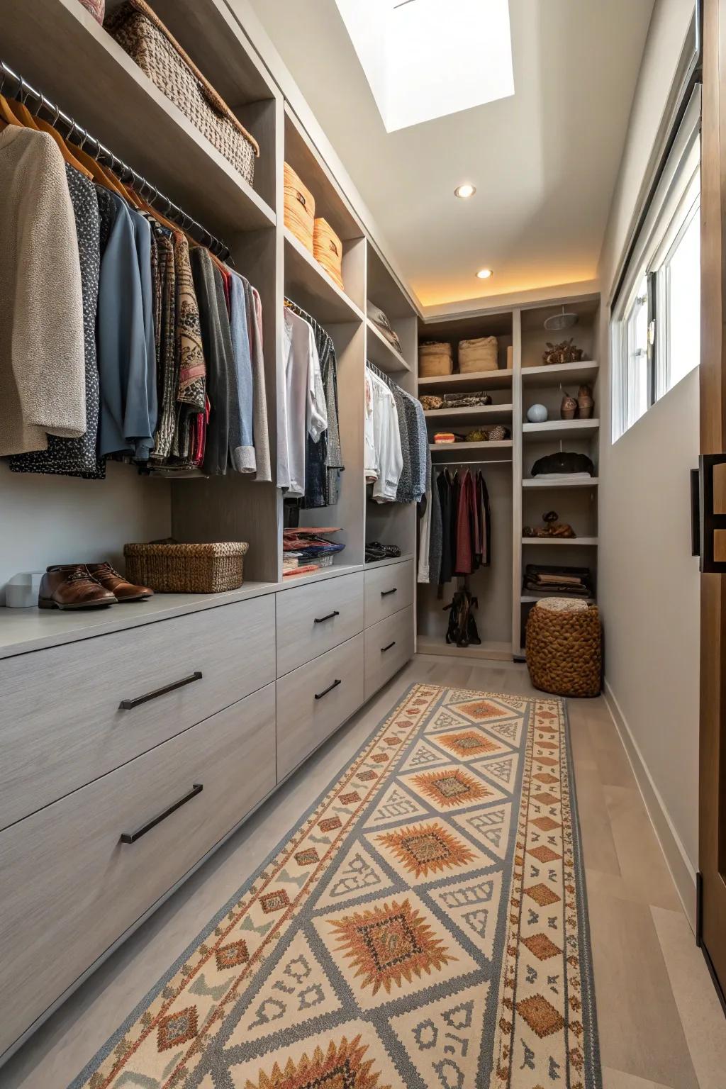 A walk-in closet featuring a patterned rug for added comfort and style.