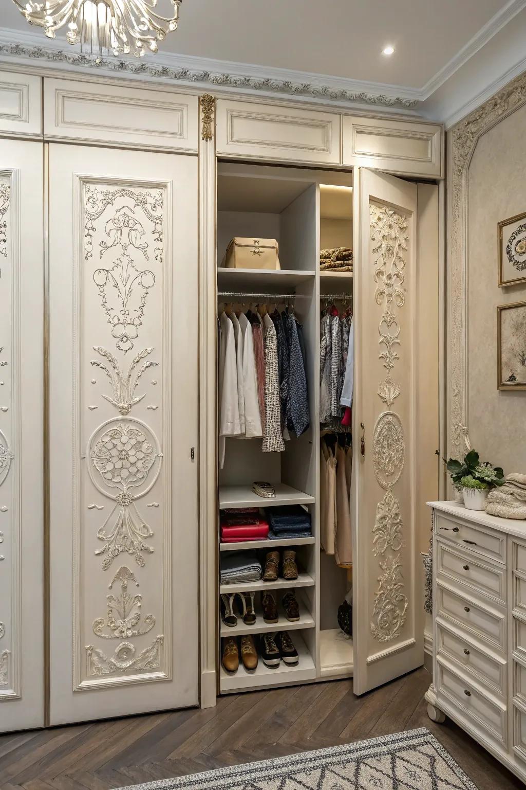 Moldings enhance the elegance of your closet, adding a sophisticated touch.