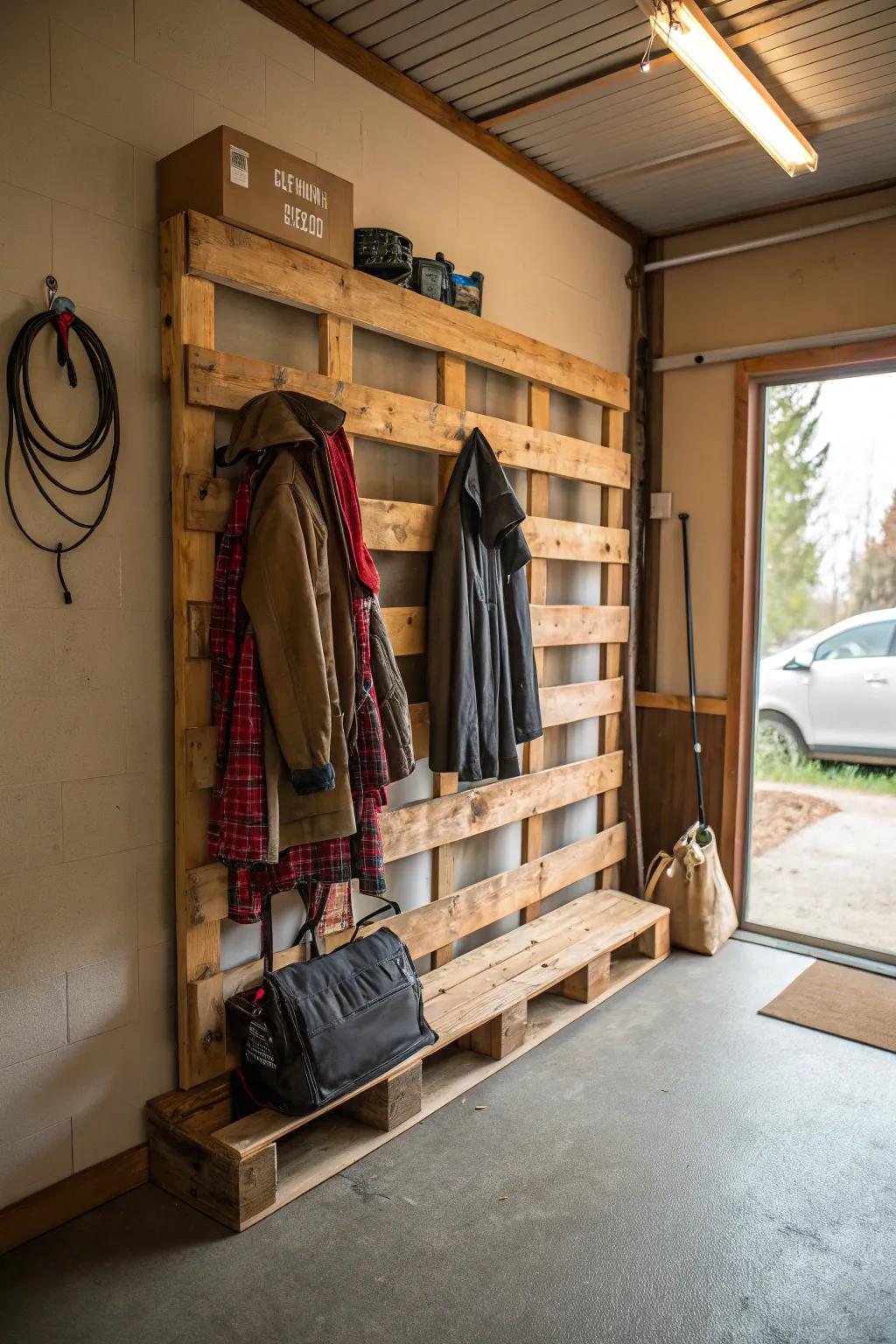 A rustic pallet providing a practical clothes hanging solution.