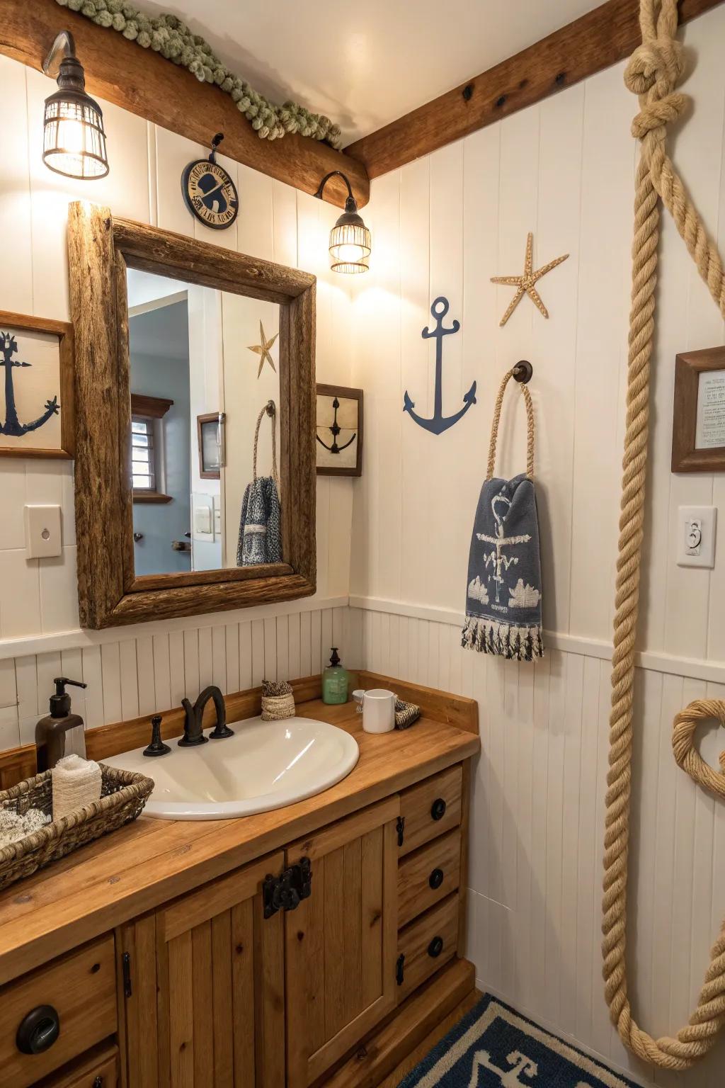 Rope accents subtly enhance the nautical theme.