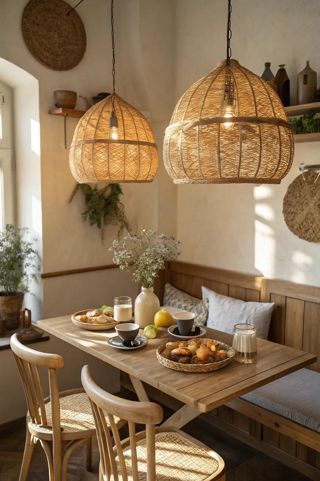 Natural fiber pendant lights add warmth and texture to your space.