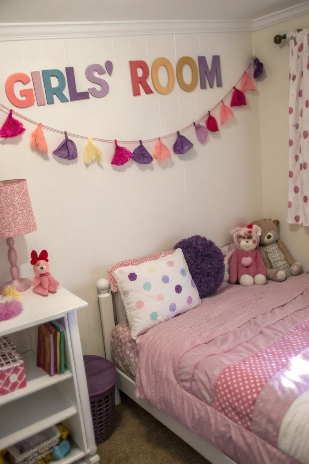 A personalized name banner made from colorful felt adds a custom touch to this girls' room.