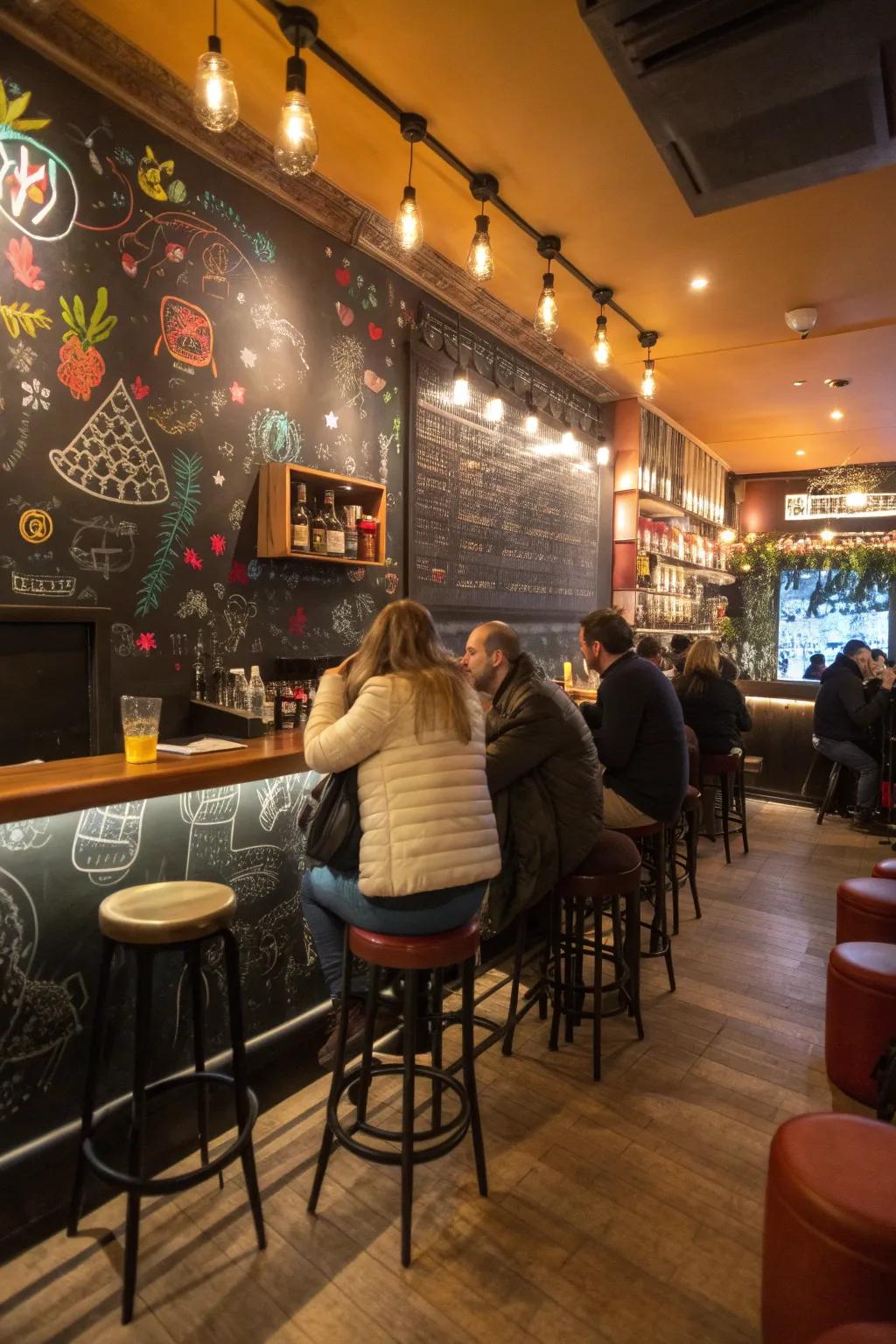 A salon bar with an interactive chalkboard wall, inviting guests to express themselves.