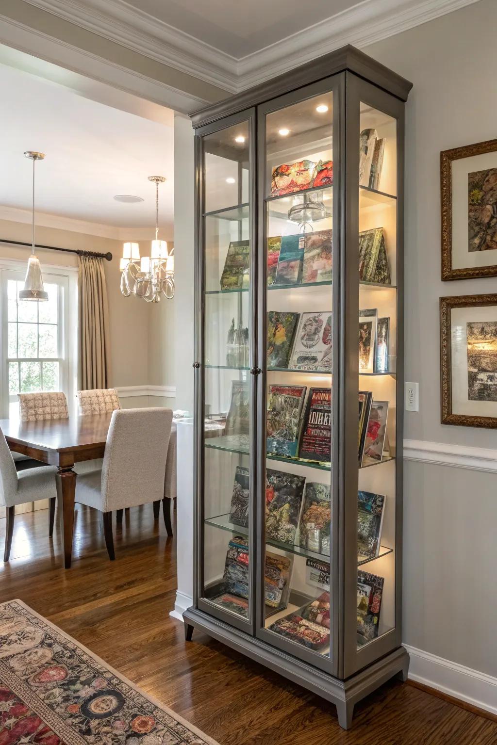 Glass-front cabinets provide a classy display for comic collections.