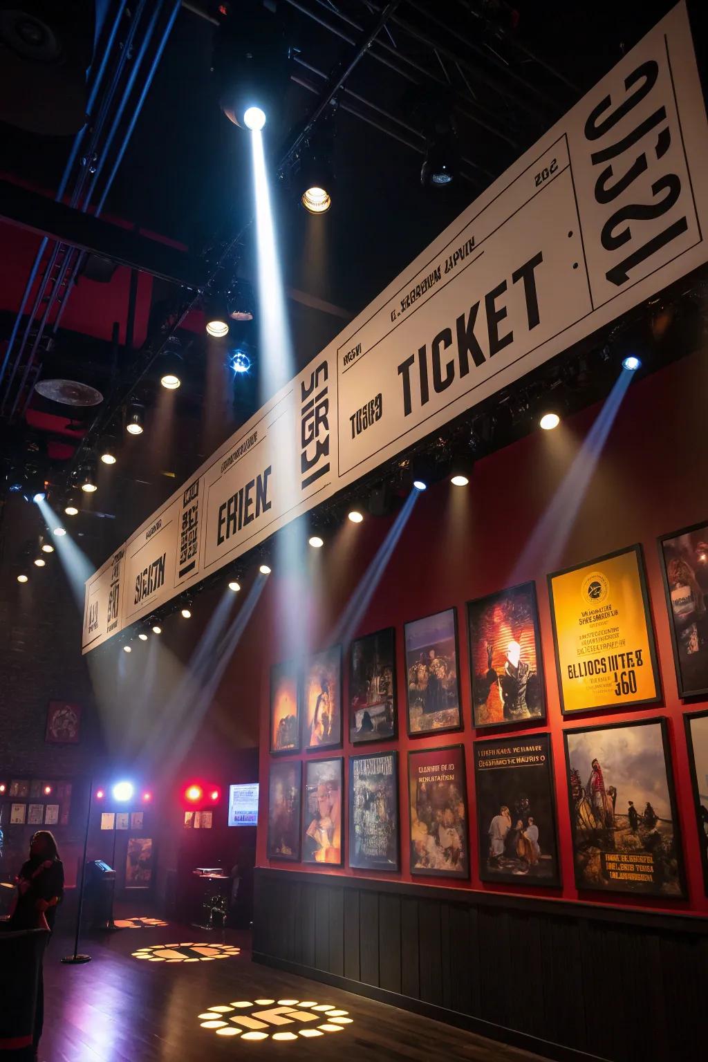 Theatrical display of concert tickets with spotlights.