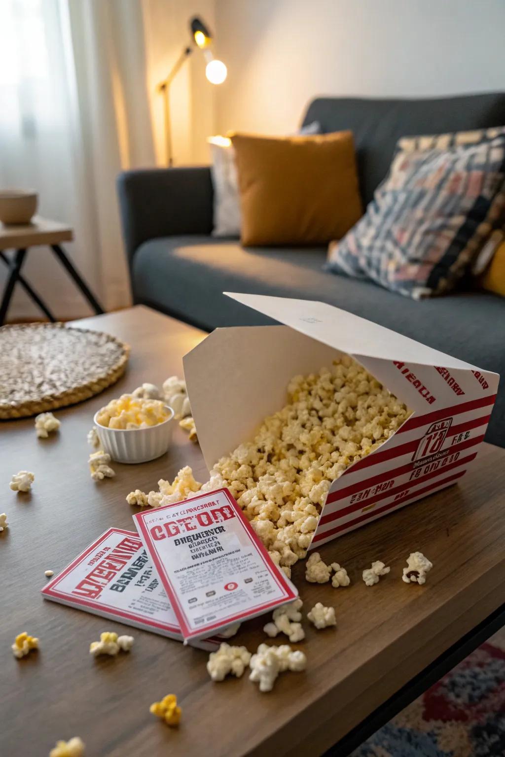 A popcorn box that holds the surprise of concert tickets.