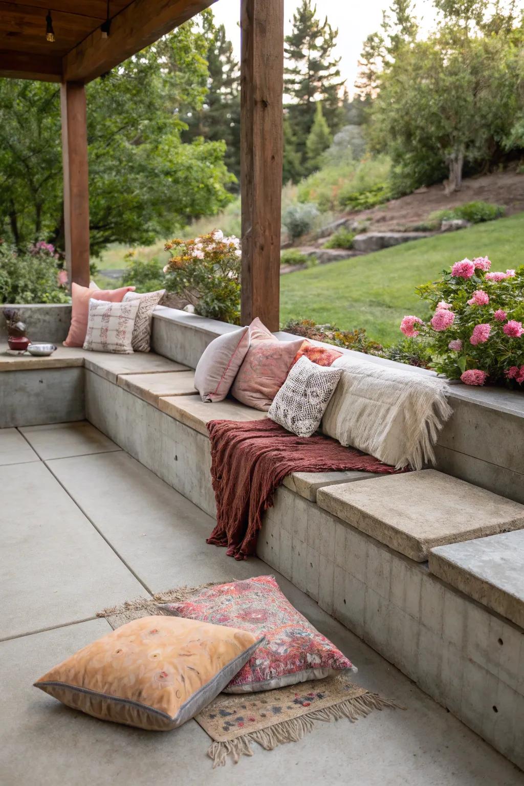 Built-in seating maximizes space and adds comfort to your patio.