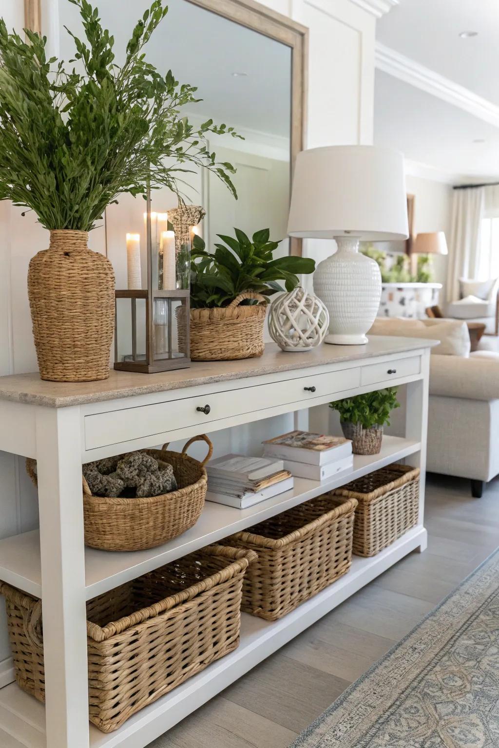 Open shelves on this console table offer storage opportunities.