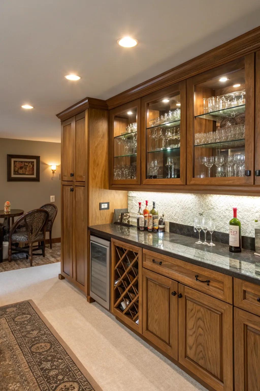 A unique home bar with a mix of rustic and modern materials.