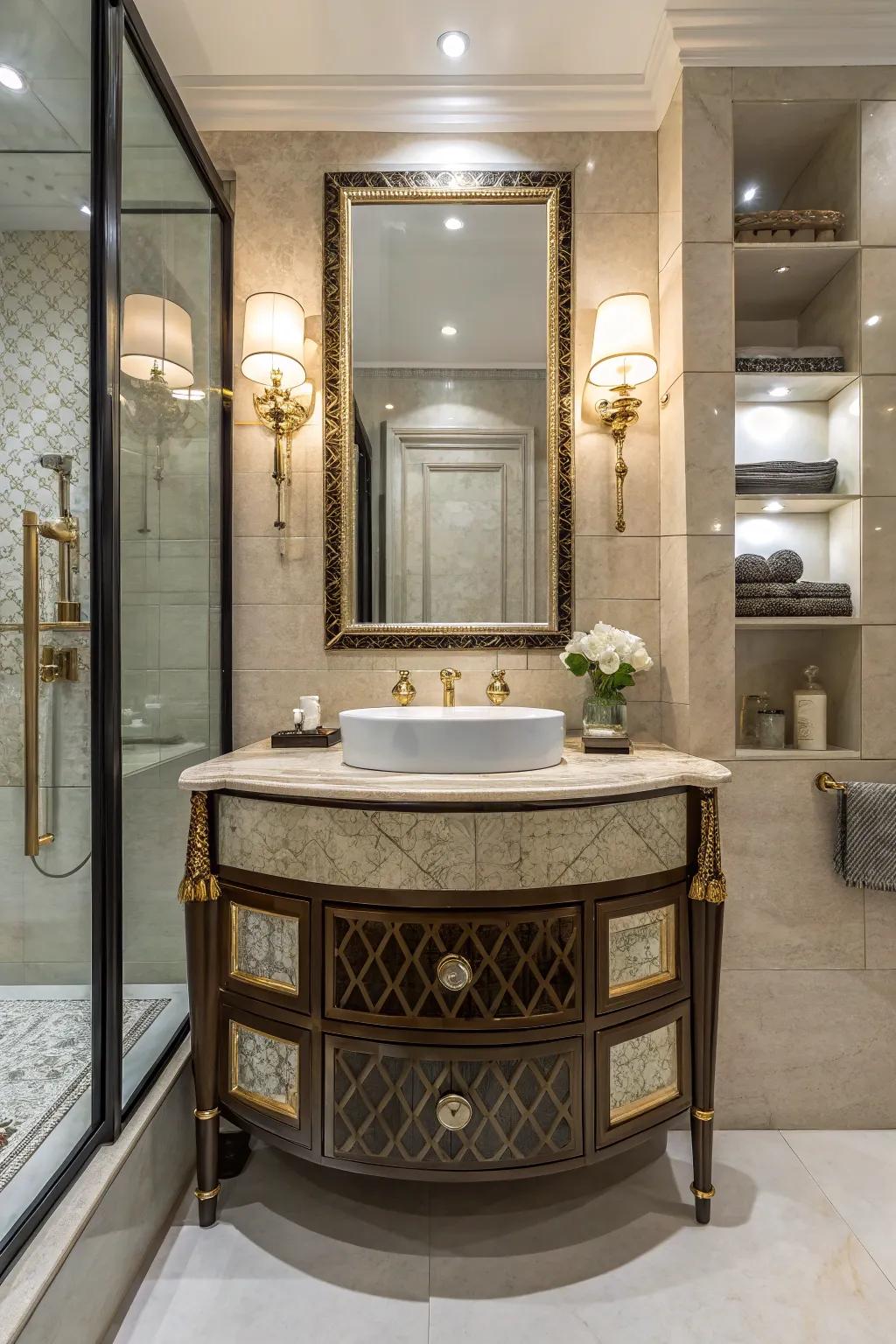 A statement vanity serves as a focal point in the bathroom.