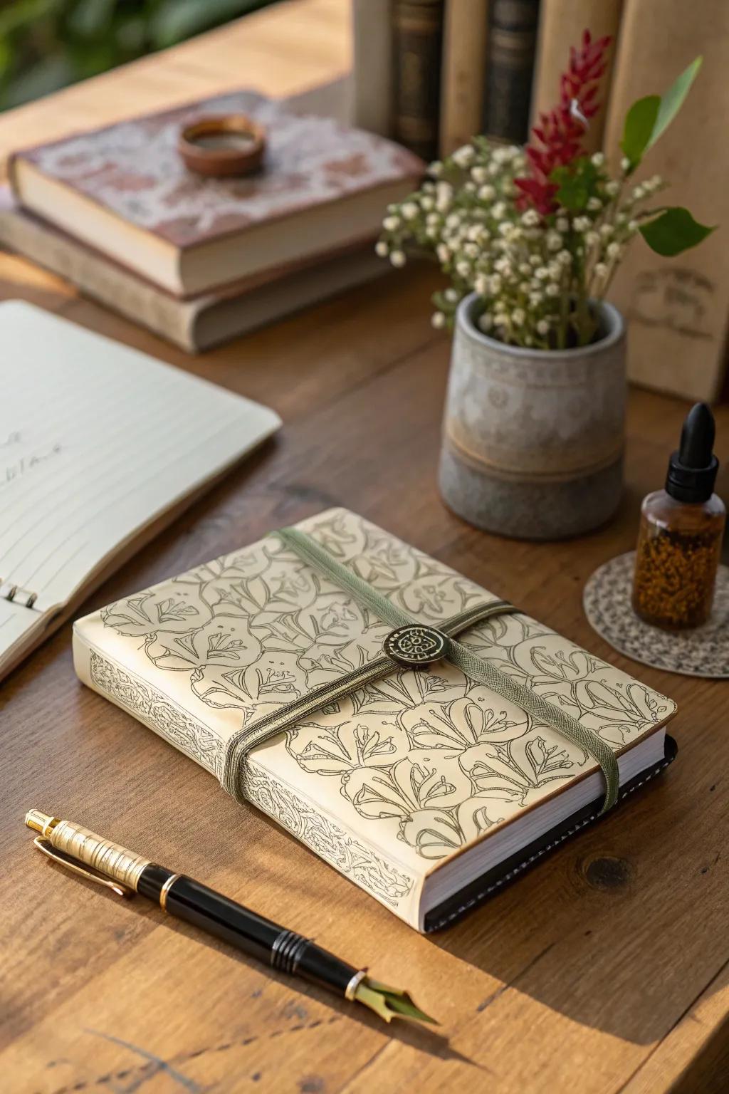 Hand-stitched journal with an artisanal cover on a wooden desk.