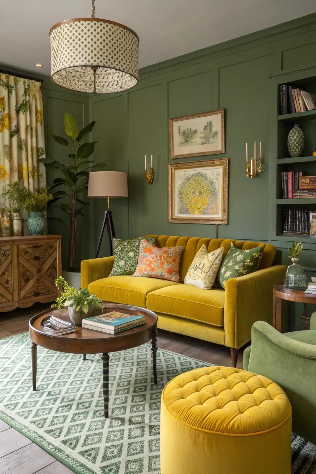 An eclectic living room with a contrasting sage green and mustard yellow scheme.