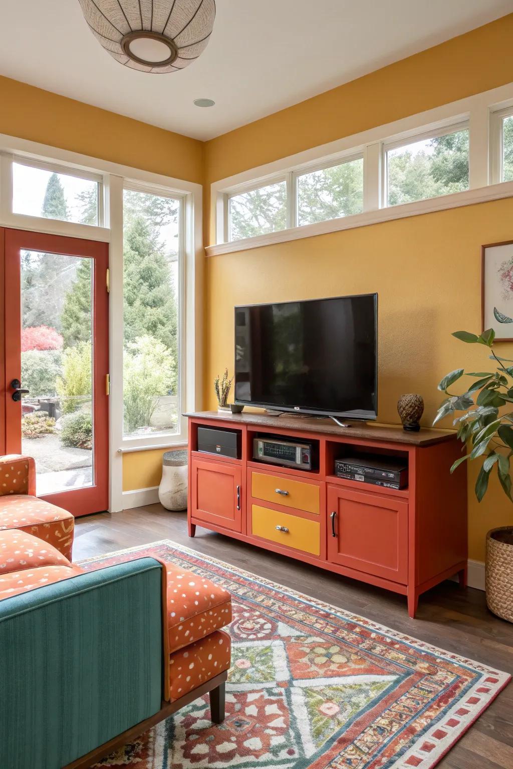 Custom-colored TV stands add a personal touch and cohesive style.