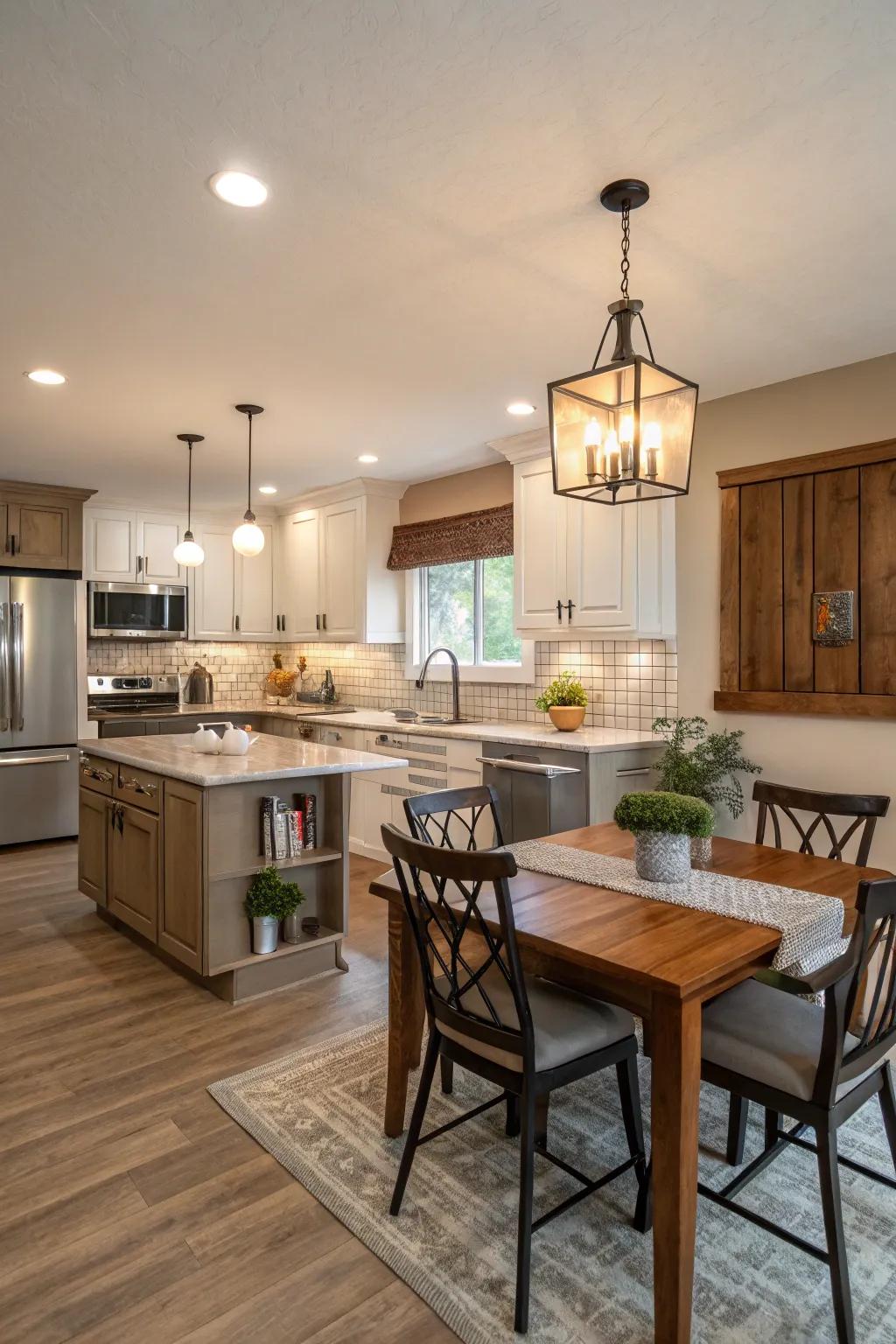 Lowered counter extensions provide comfortable dining areas for families.