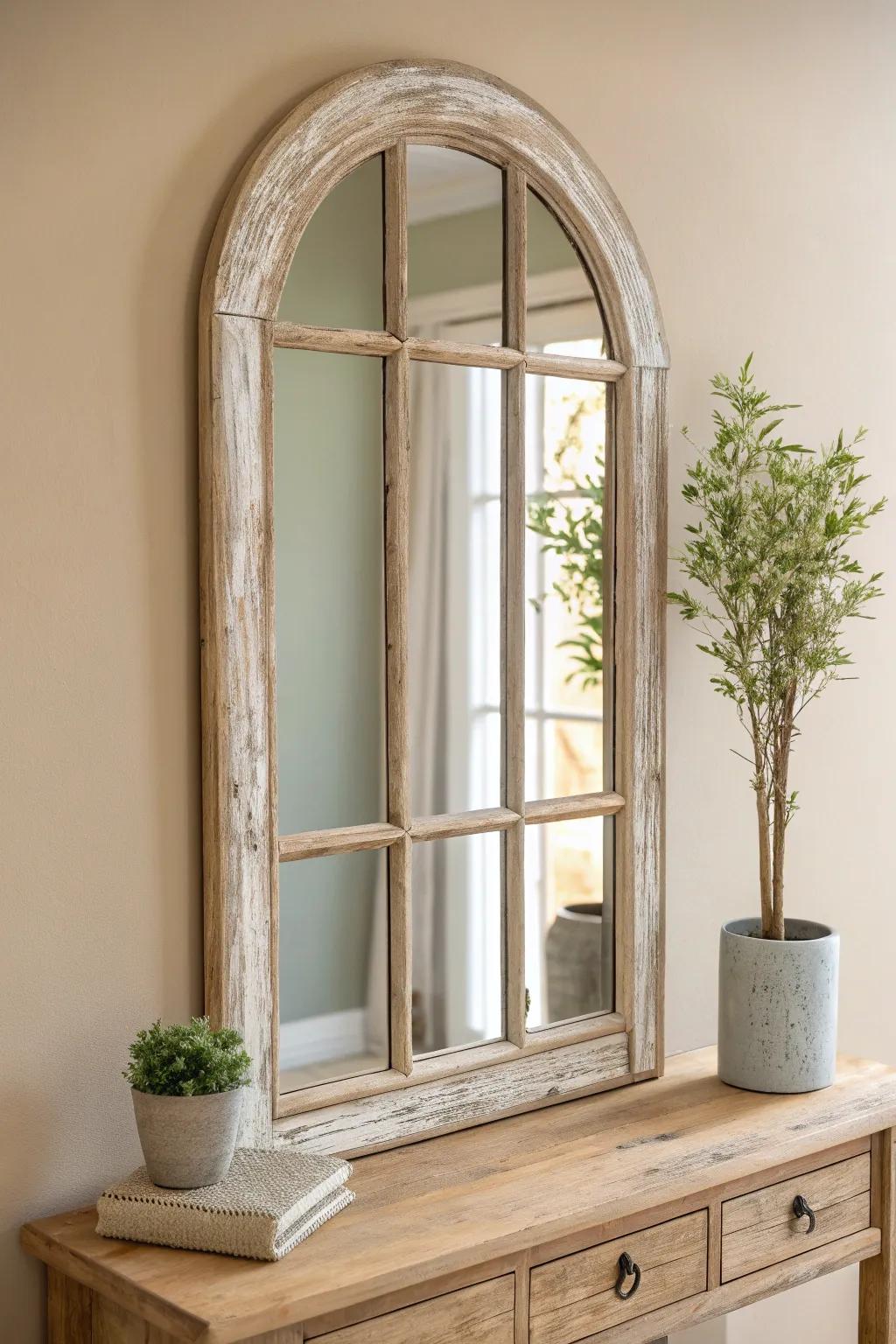 Elevate your space with the rustic charm of an upcycled window mirror. ✨ #ScandiBoho #UpcycledElegance