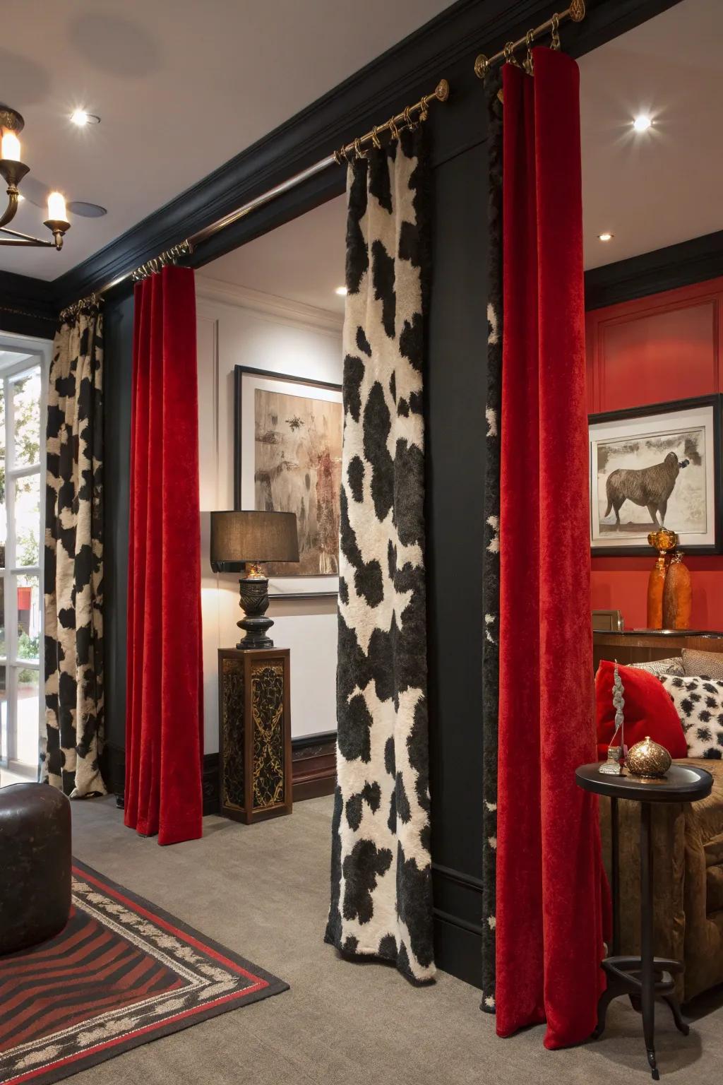 Cowhide-patterned curtains add drama and flair.