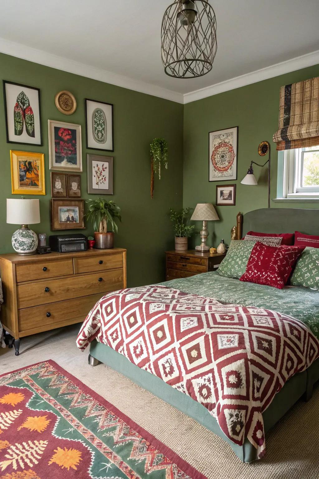 Mixing patterns with olive green creates a dynamic and stylish bedroom.