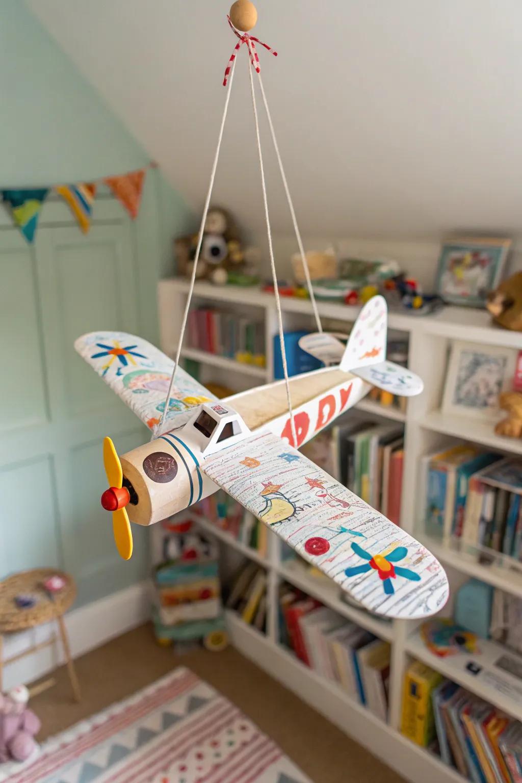 A playful string puppet plane ready for takeoff.