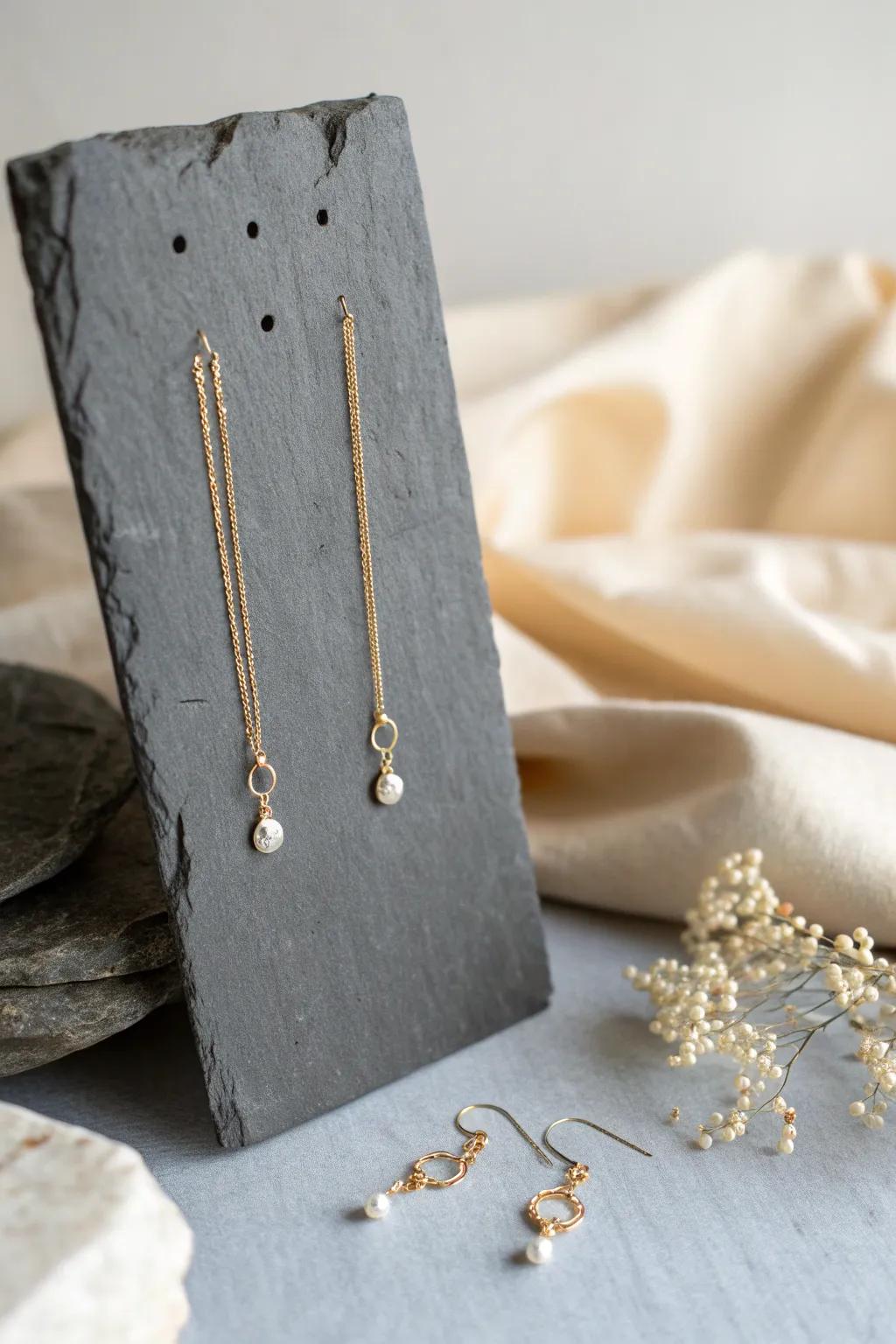 Transform slate into a chic jewelry holder, blending minimalism with a touch of boho elegance.