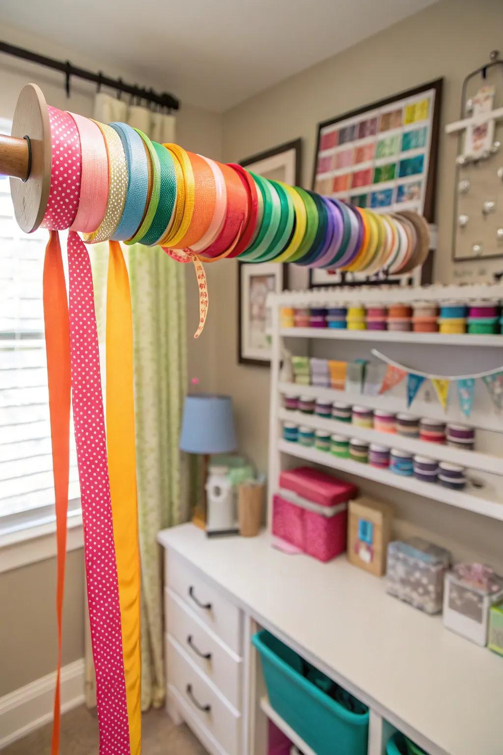 Curtain rod used for ribbon storage.