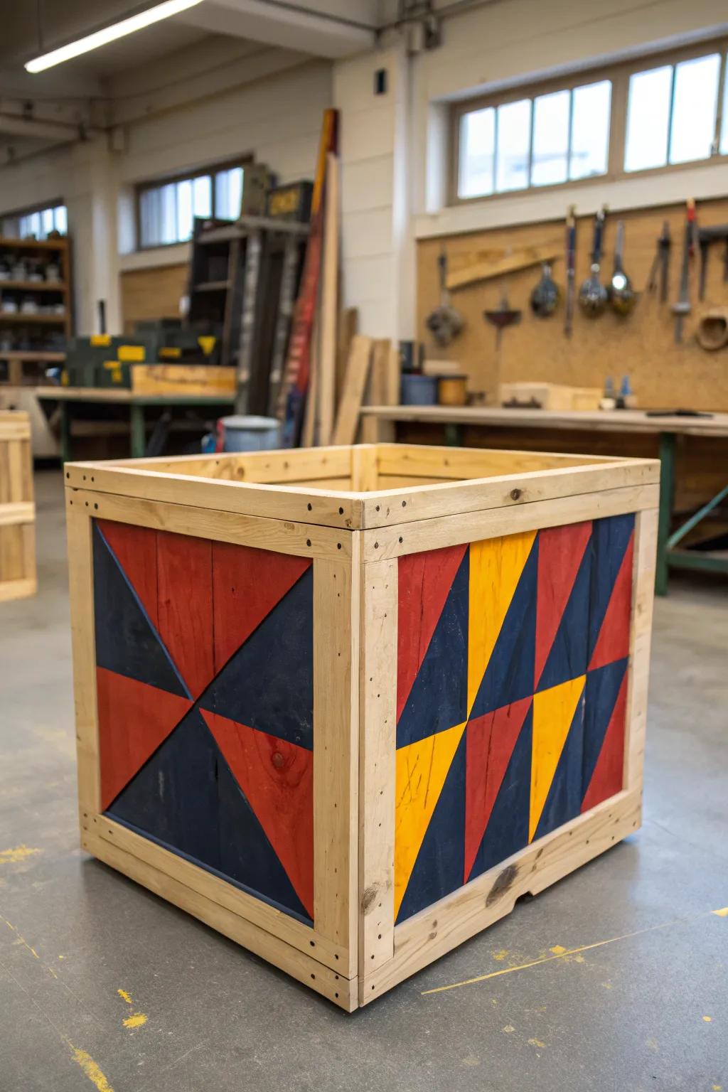 Transform your space with bold color block artistry on a classic wooden crate.