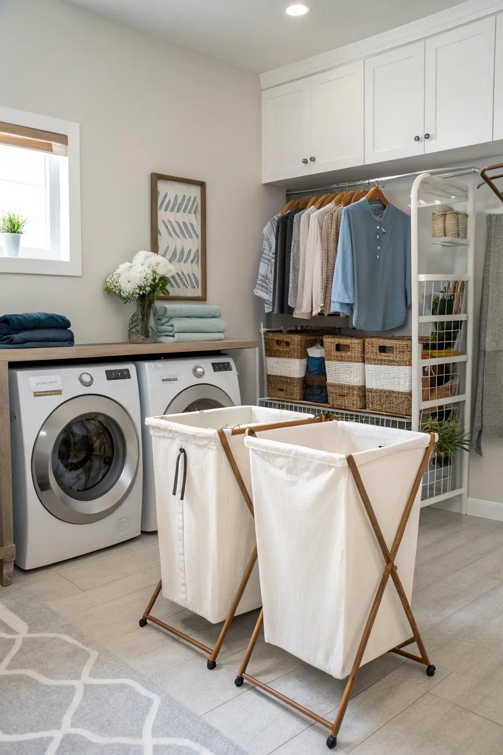 Elevated stands add elegance and functionality to laundry hampers.