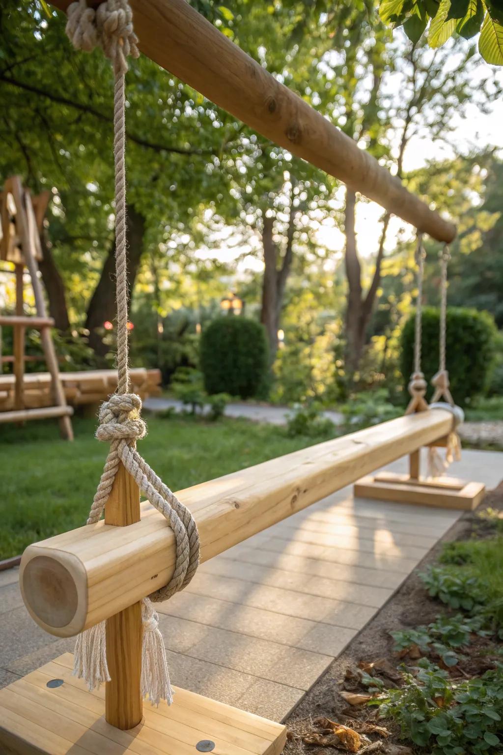 Step into adventure with this charming wooden balance beam, blending Scandinavian simplicity with boho flair. A playground delight for all ages!