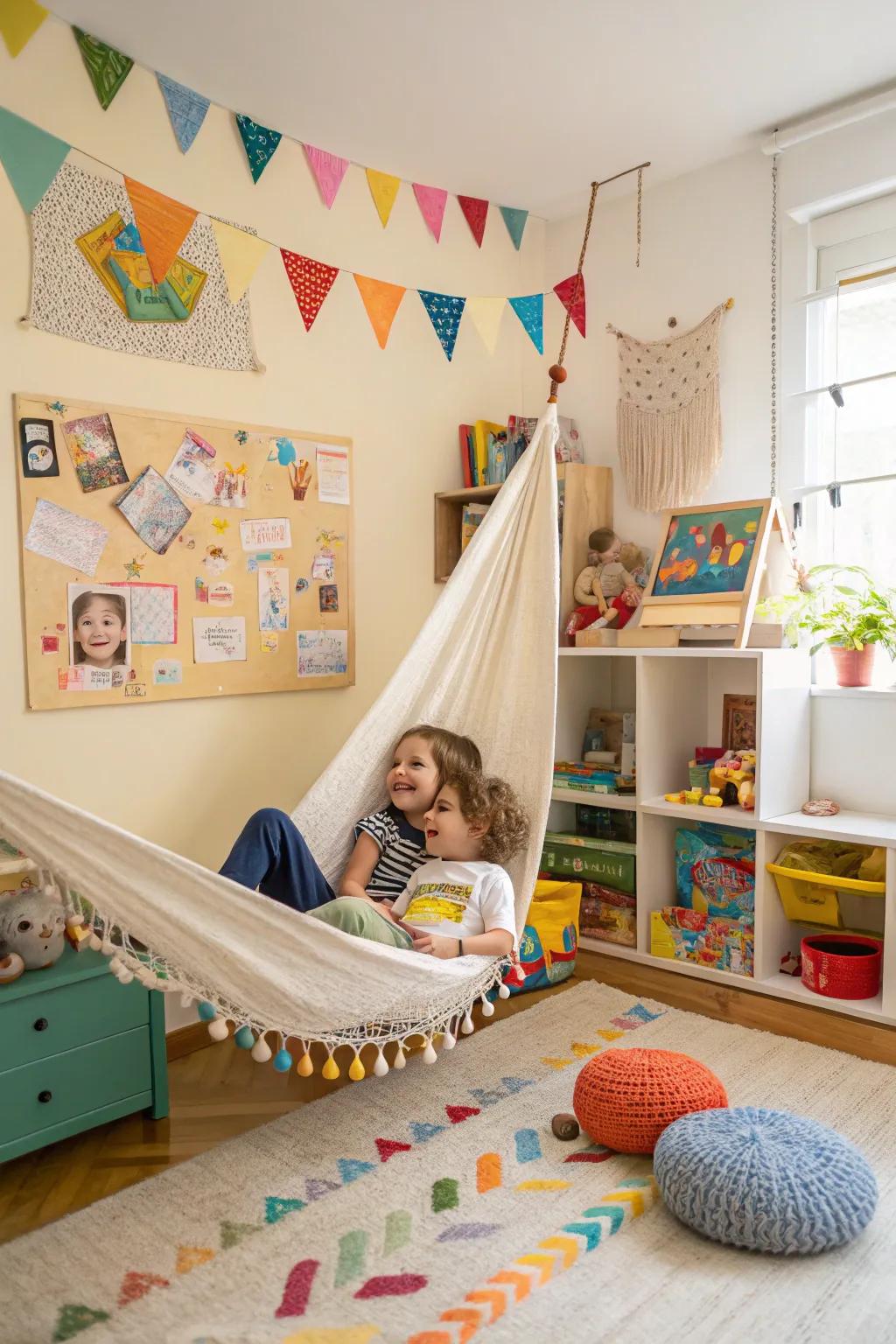 A playroom hammock setup that adds fun and relaxation to a child's space.