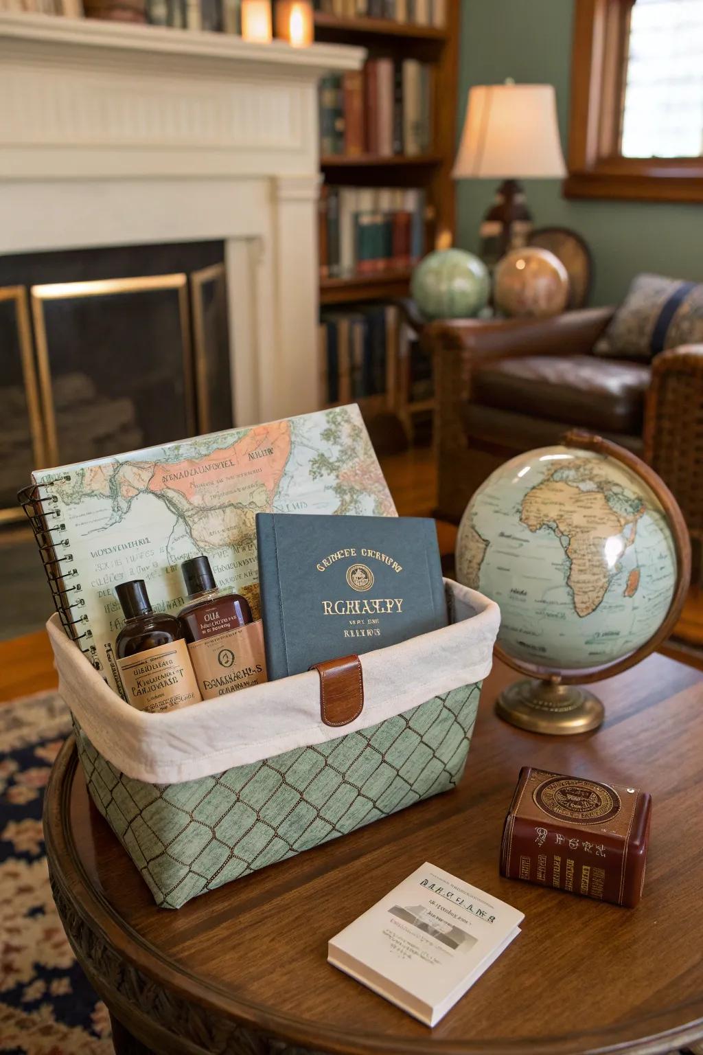 An adventurous gift basket wrapped with a map.