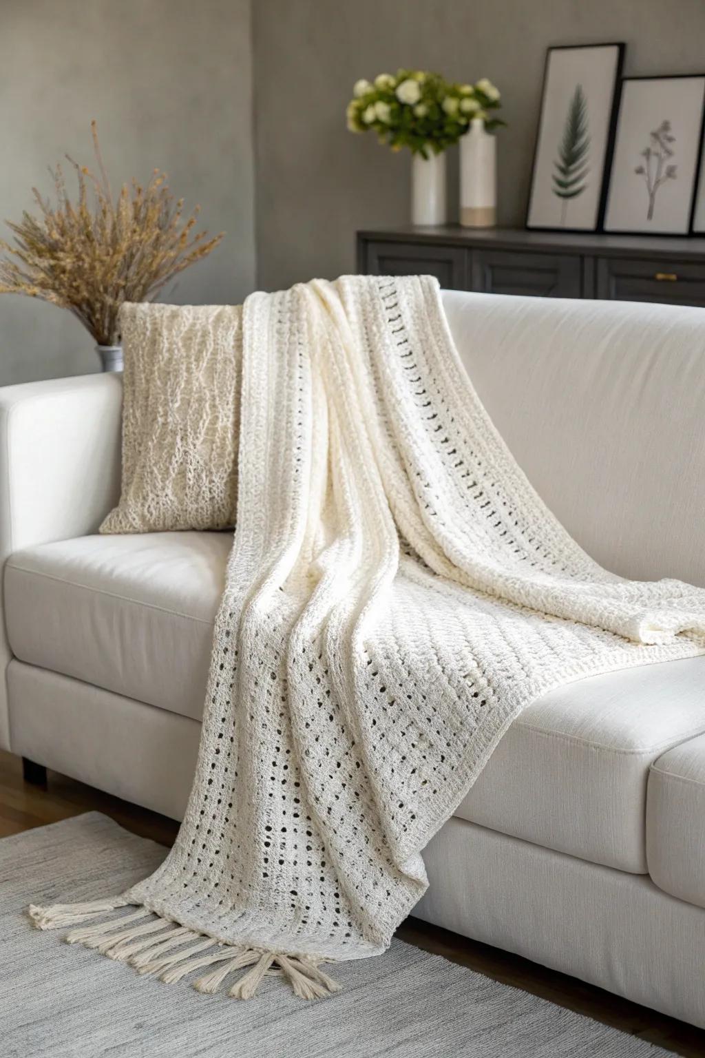 Achieve understated elegance with a minimalist monochrome crochet throw.