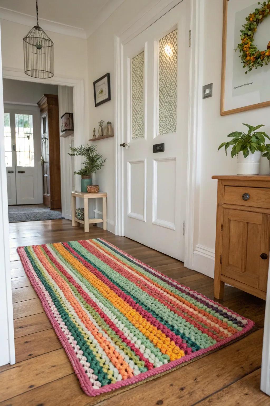 An entryway adorned with a colorful linen stitch crochet rug.