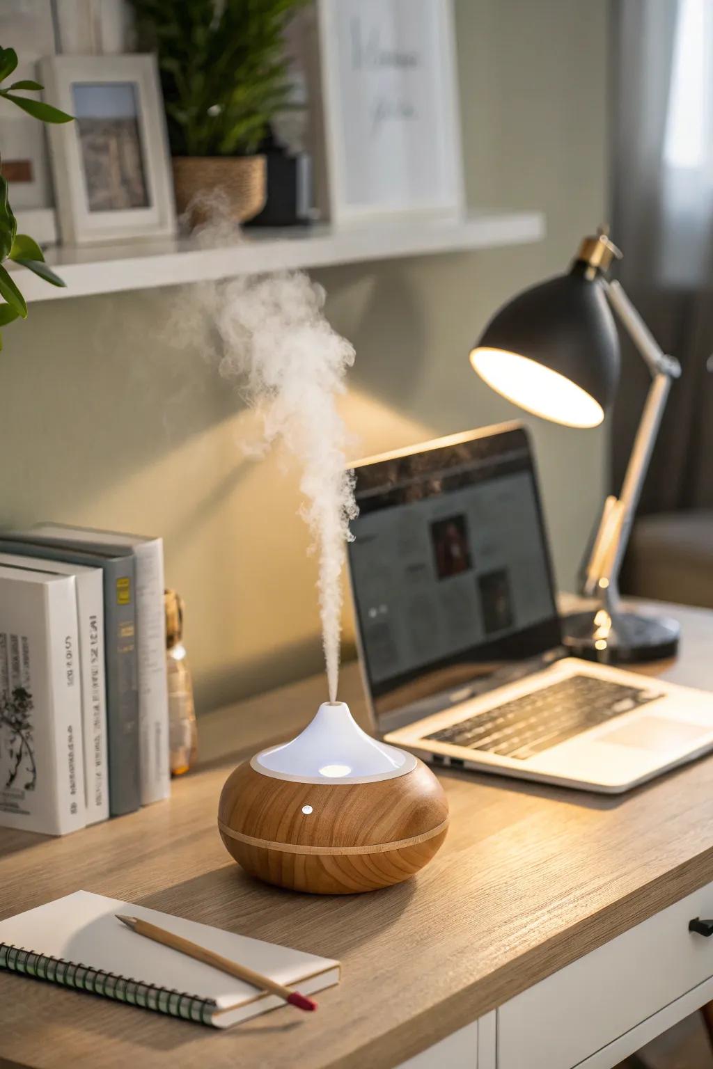 An essential oil diffuser creates a calming atmosphere in your cubicle.